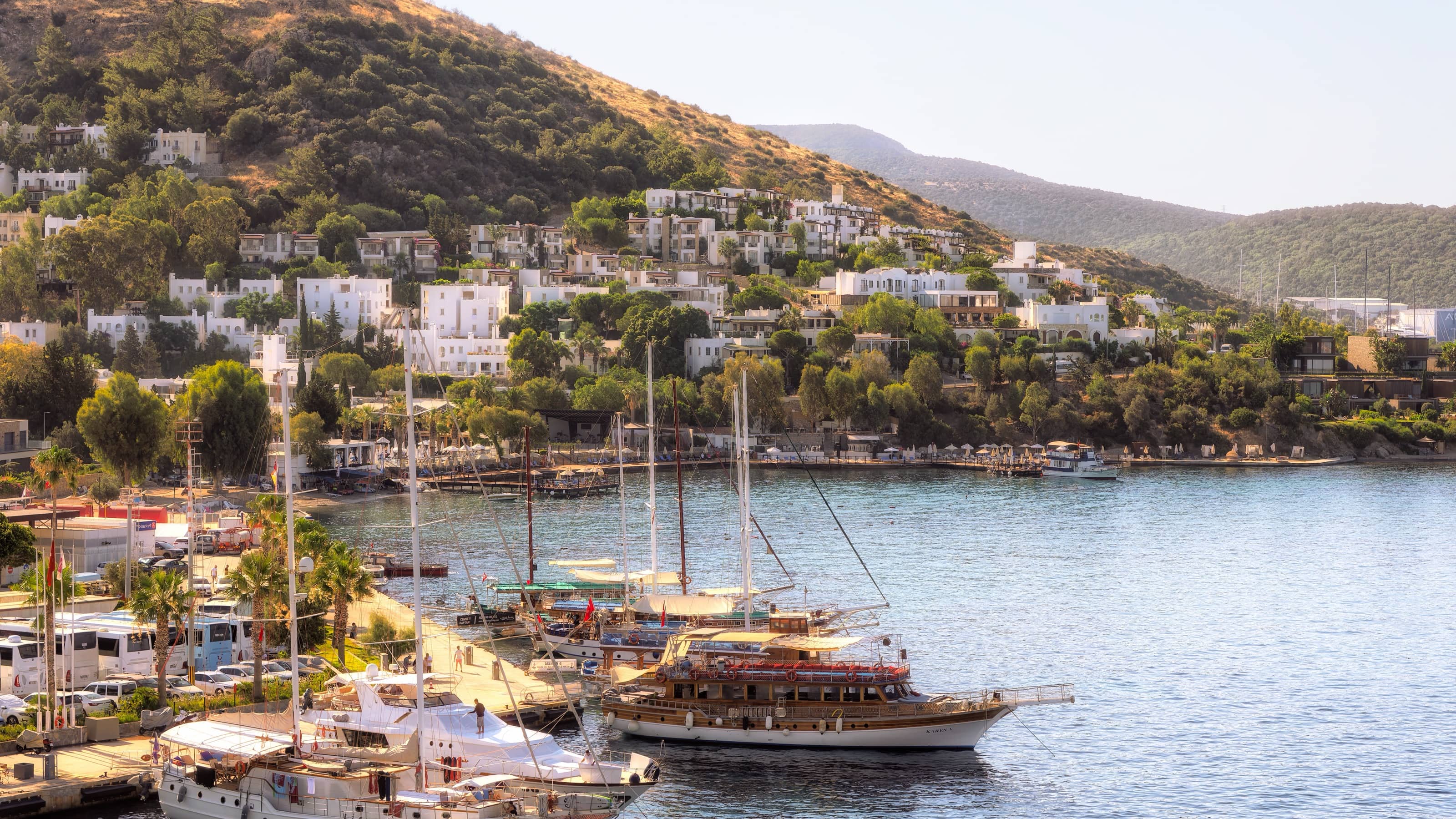 Whitewashed houses on a dry hillside above Bodrum harbour, with wooden gulets moored along the shore in late afternoon light.