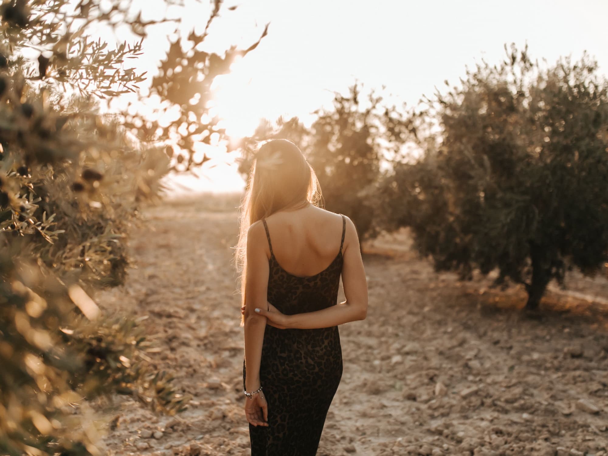 A woman walking away along a path through an olive grove, low sun coming through the branches behind her.